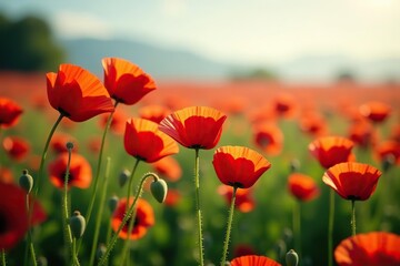 Obraz premium Vibrant collection of red poppy flowers in full bloom, bright, vivid