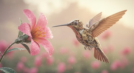 Fototapeta premium Mechanical Hummingbird in Flight Near Pink Flower Steampunk Nature Scene