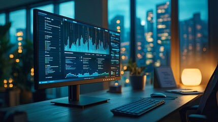 Analyzing Data Trends Modern Office Digital Dashboard Urban Environment Evening View Business Intelligence Insights