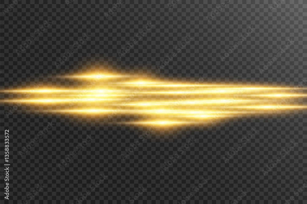 Poster golden horizontal light streaks with glow and motion blur on transparent background. futuristic spee