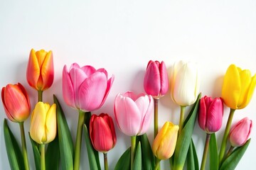 Fototapeta premium Vibrant spring blooms in various colors set against a clean white backdrop, botanical, white background