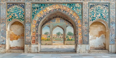 Obraz premium Hasht behesht palace archway showcasing intricate tilework and serene courtyard view in isfahan, iran