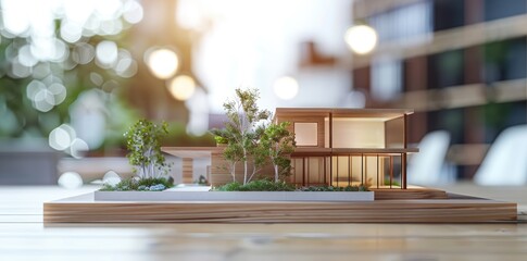 a small wooden model of a modern house with green trees