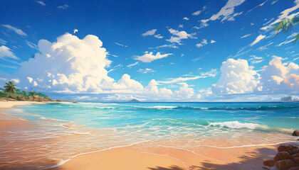 Anime-style illustration of a summer beach with a blue sky and towering clouds
