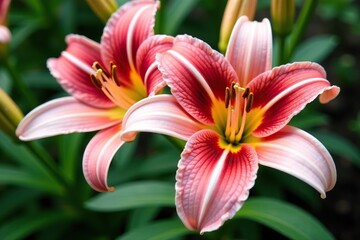 Vibrant stargazer lily flowers in full bloom with colorful petals and striking white centers,  vibrant,  pink