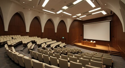 Fototapeta premium Empty auditorium features tiered seating and a presentation screen,