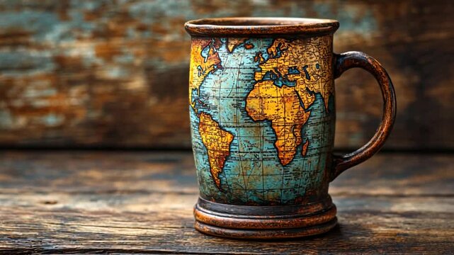Vintage world map mug on rustic wooden table (1)