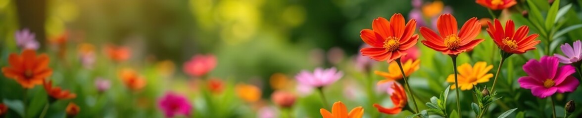 Vibrant Crocosmia flowers blooming alongside a variety of colorful flowers in a beautiful garden setting,  flora,  floral arrangement
