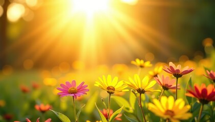 Obraz premium Vibrant summer background with glowing rays and sunburst effect, holiday, summer