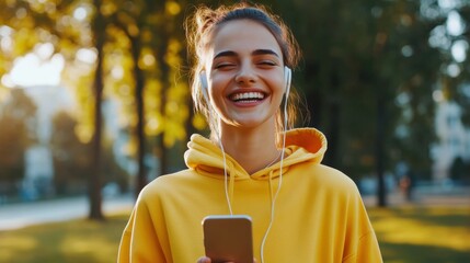 Half length portrait of cheerful sporty woman feeling excited from spending time for morning training outdoors using mobile app and earphones for listening music, vitality and motivation concept
