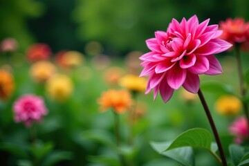 Obraz premium Vibrant dahlia flowers blooming in a tranquil garden in Washington, USA, dahlia, garden