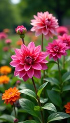 Fototapeta premium Vibrant dahlia flowers blooming in a well-manicured garden filled with colorful petals and green leaves, petals, outdoor