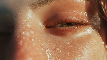 Fototapeta premium Close-up view of a person with sweat, a single eye is closed under the sunlight