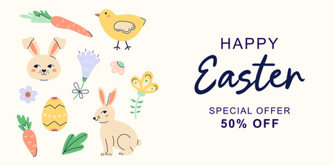 Fototapeta premium Happy Easter horizontal bannerwith hares, a chicken and flowers on the left edge on beige background. Design with text for discount. Happy Easter hand drawn card. Flat illustration with partial