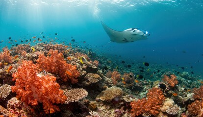 Underwater view of a manta ray swimming over a vibrant coral reef,