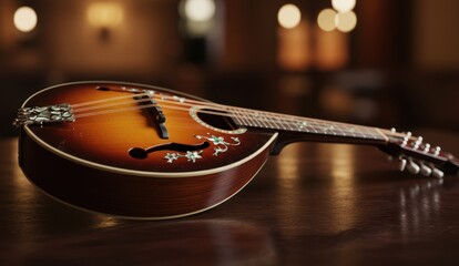 Close up of a beautiful mandolin on a table in a dimly lit room,