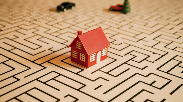 A toy house is placed on a maze, suggesting challenges in navigating home or real estate. Two toy cars and a tree sit at the maze edge.