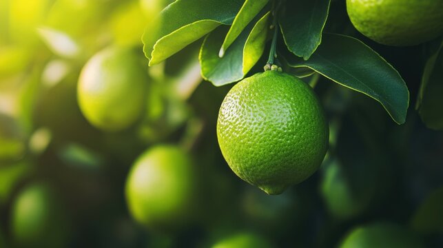 Closeup of lime fruit hanging on tree at lime plantation in Thailand. Lime is hybrid citrus fruit. Food and health concept.