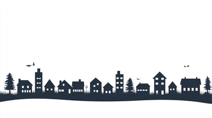 Fototapeta premium Minimalist cityscape with residential quarters small house silhouettes seamless horizontal composition clean white background airy design. 