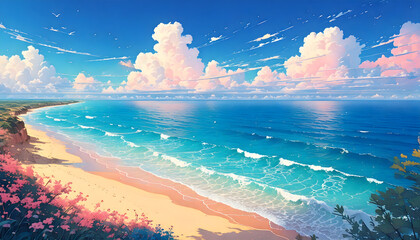Anime-style illustration of a summer beach with a blue sky and towering clouds