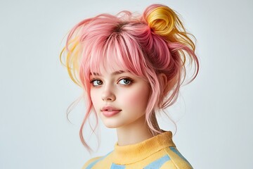 Fototapeta premium Creative studio close-up of a young woman with pastel peach hair in aesthetic fashion