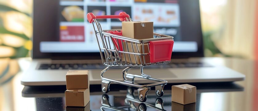 Shopping cart with boxes on a digital backdrop.