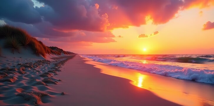 Vibrant sunset over a tranquil dune beach with gently rolling waves,  twilight,  sand