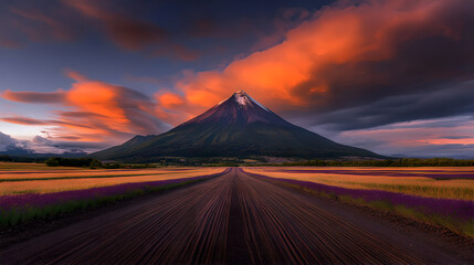 A stunning landscape featuring a majestic volcano at sunset, with vibrant orange and purple clouds.