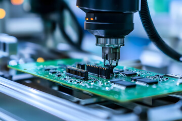 Fototapeta premium 精密機械が基板にチップを実装する様子、最先端の電子機器製造現場
