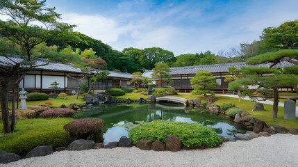 A Japanese garden with a serene pond and traditional buildings showcases natural beauty. Lush greenery, meticulously placed rocks, and a calming water feature highlight tranquility.