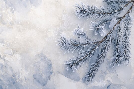 Frost-covered pine branch on a light blue marble background, winter scene.