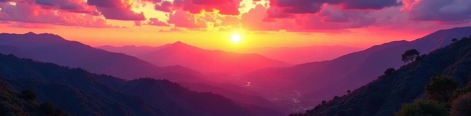 Vibrant sunset over vast mountains and valleys showcasing the beauty of nature,  calm,  wilderness