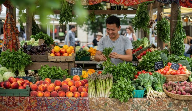 A man sells fresh produce at an outdoor farmer's market, 