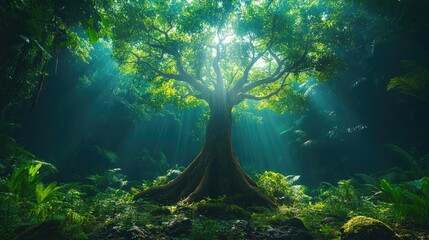 Fototapeta premium Majestic ancient tree illuminated by soft sun rays in a lush tropical forest, creating a serene and magical atmosphere