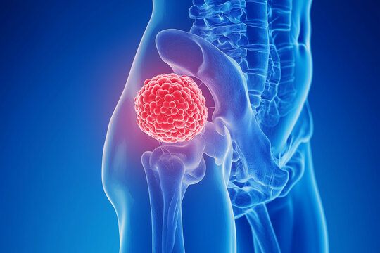 3D Medical Illustration Hip Joint with Tumor Cancer Cell Growth Oncology