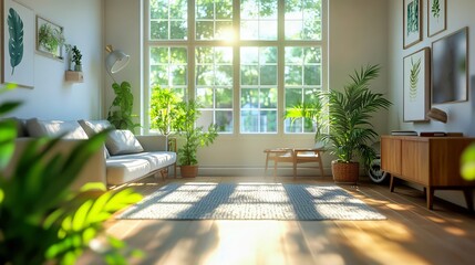 Cozy modern living room interior. Bright home with natural sunlight and fresh plants. Minimalistic design provides a serene environment. Elegant background, perfect for home decor enthusiasts.
