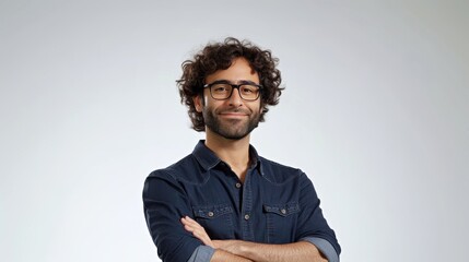 Obraz premium Confident man wears glasses and smiles. Casual adult with beard and positive expression. Modern style, studio portrait, fits professional settings.