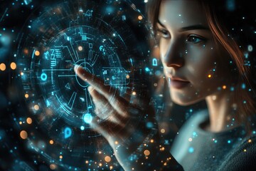 A close-up of a womanâ€™s hand, tapping a holographic MATLAB icon surrounded by digital analytics.