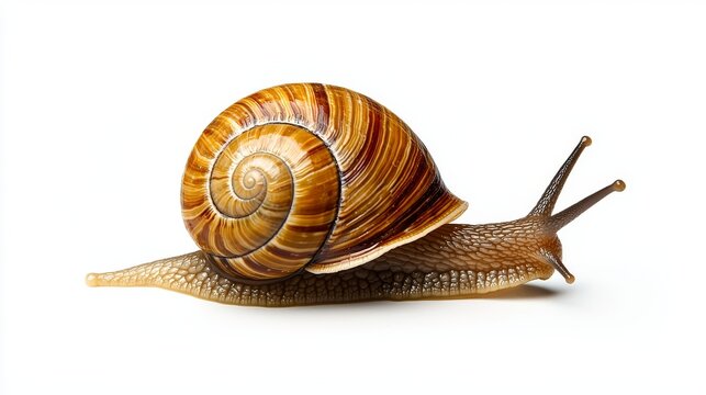 A Brown Garden Snail Crawling Slowly on White Background Macro  of Mollusk