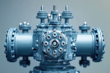Complex industrial valve system, intricate design and metallic blue finish.