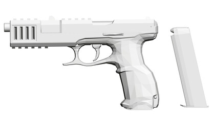 A white gun with a black handle and a black trigger. The gun is in a 3D rendering and the magazine is shown on the right