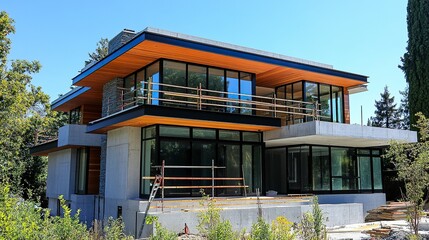 Fototapeta premium Modern architect-designed house under construction exposed framework and scaffolding clean lines emerging against a clear blue sky. 