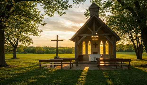 Chapel on a green meadow with a cross in the background,