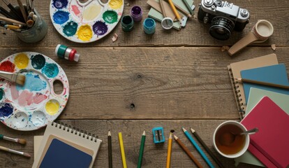 Artist's tools and vintage camera on a rustic wooden surface,