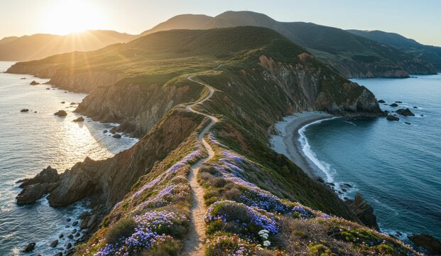 Coastal ridge path with ocean and flowers, - Powered by Adobe