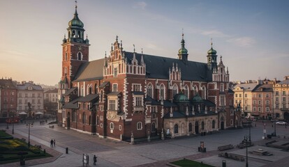 Obraz premium Krakow's St, Mary's Basilica in the old town square at dawn,