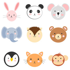 Group of Cute Faces of Animals with Round Shapes and Cheerful Colors, Illustration Design with Flat Design Style. There are baby rabbits, pandas, koalas, elephants, hedgehogs, bears, penguins, cats, 