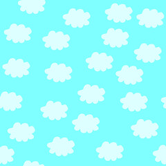 Monochrome decorative  clouds seamless pattern on sunny blue background in vector. Minimalistic cute cartoon print for pajams, clothes, bed linen..