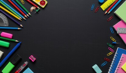 Fototapeta premium School supplies border a black surface with central copy space,