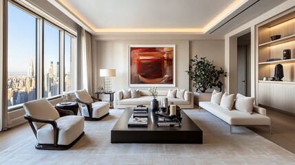 Modern elegant living room design with sleek furniture, a statement rug, warm ambient lighting, and a large abstract painting. 